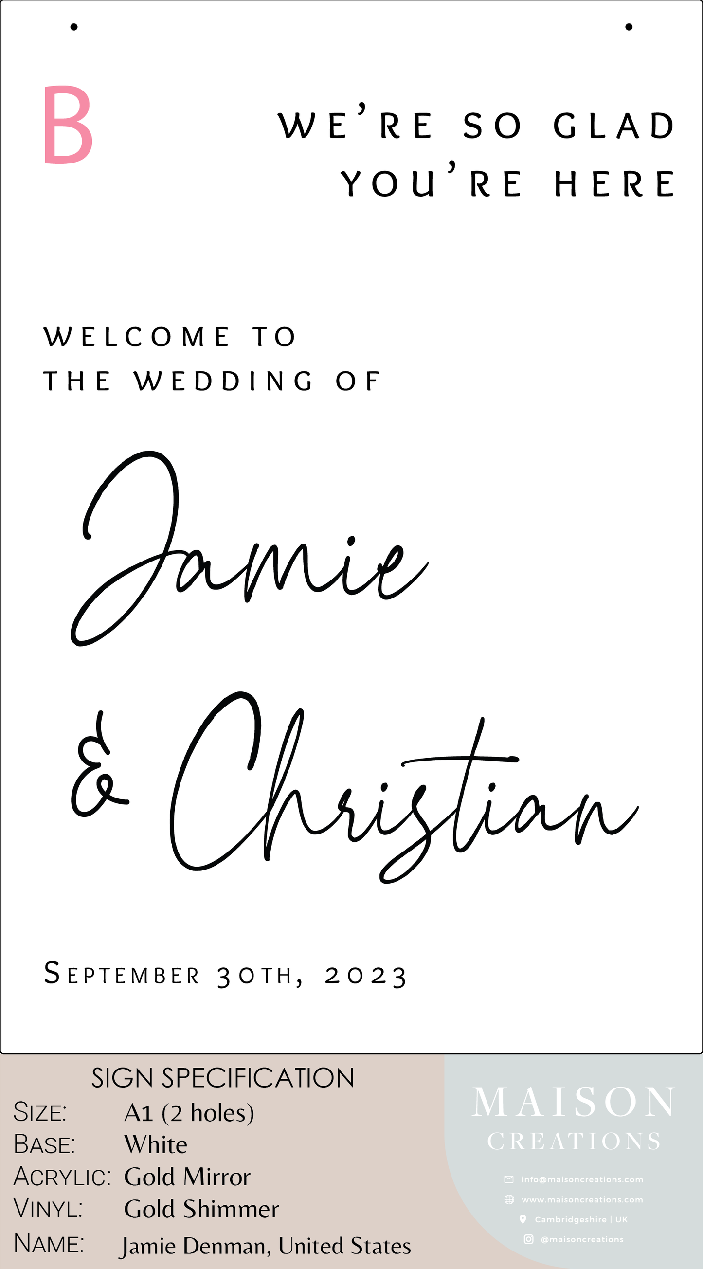 Custom order - Jamie Denman - 29th September 2023 Event