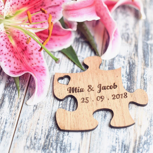 Personalised Puzzle Piece Wedding Favour Coasters - HomeCreationss