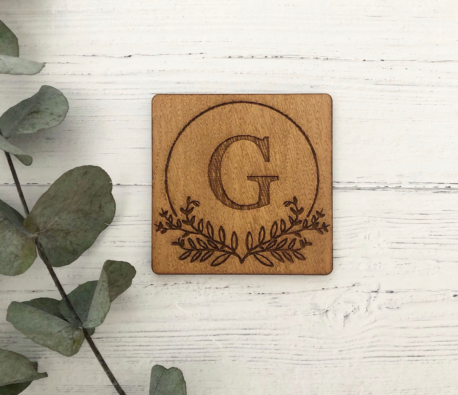 Floral Alphabet Coaster | Birthday Gift | Office Desk | Personalised Gift | Oak Alphabet Coaster-Maison Creations