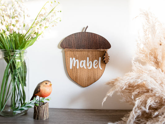 Nursery Name Sign | Personalised Wooden Name Sign | Children’s Door Sign | Playroom Decor | Wooden Acorn | Newborn Baby Gift | Woodland