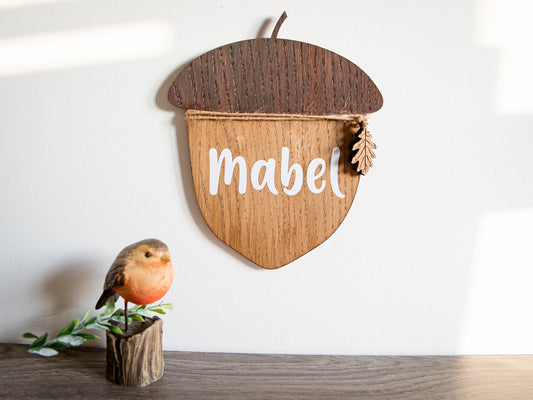 Nursery Name Sign | Personalised Wooden Name Sign | Children’s Door Sign | Playroom Decor | Wooden Acorn | Newborn Baby Gift | Woodland
