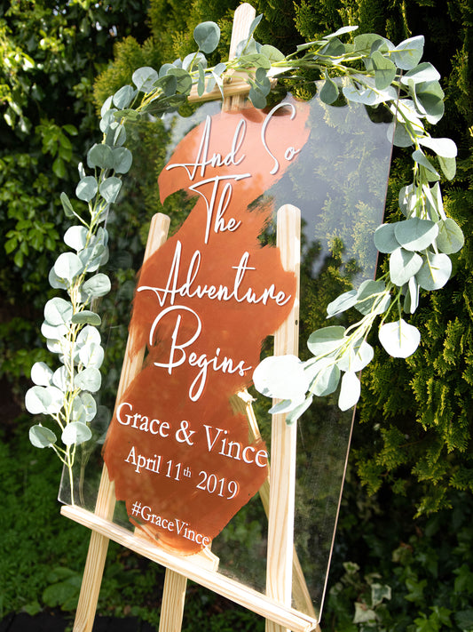 Personalised Wedding Welcome Sign | And So The Adventure Begins | Wedding Reception Sign | Wedding Acrylic Painted Sign | Rustic Wedding |