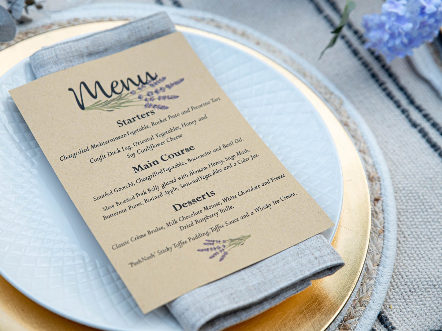 Personalised Paper Wedding Menu | Lavender | Botanical | Dining | Wedding Breakfast | Table Setting | Food | Decoration | Paper Menu