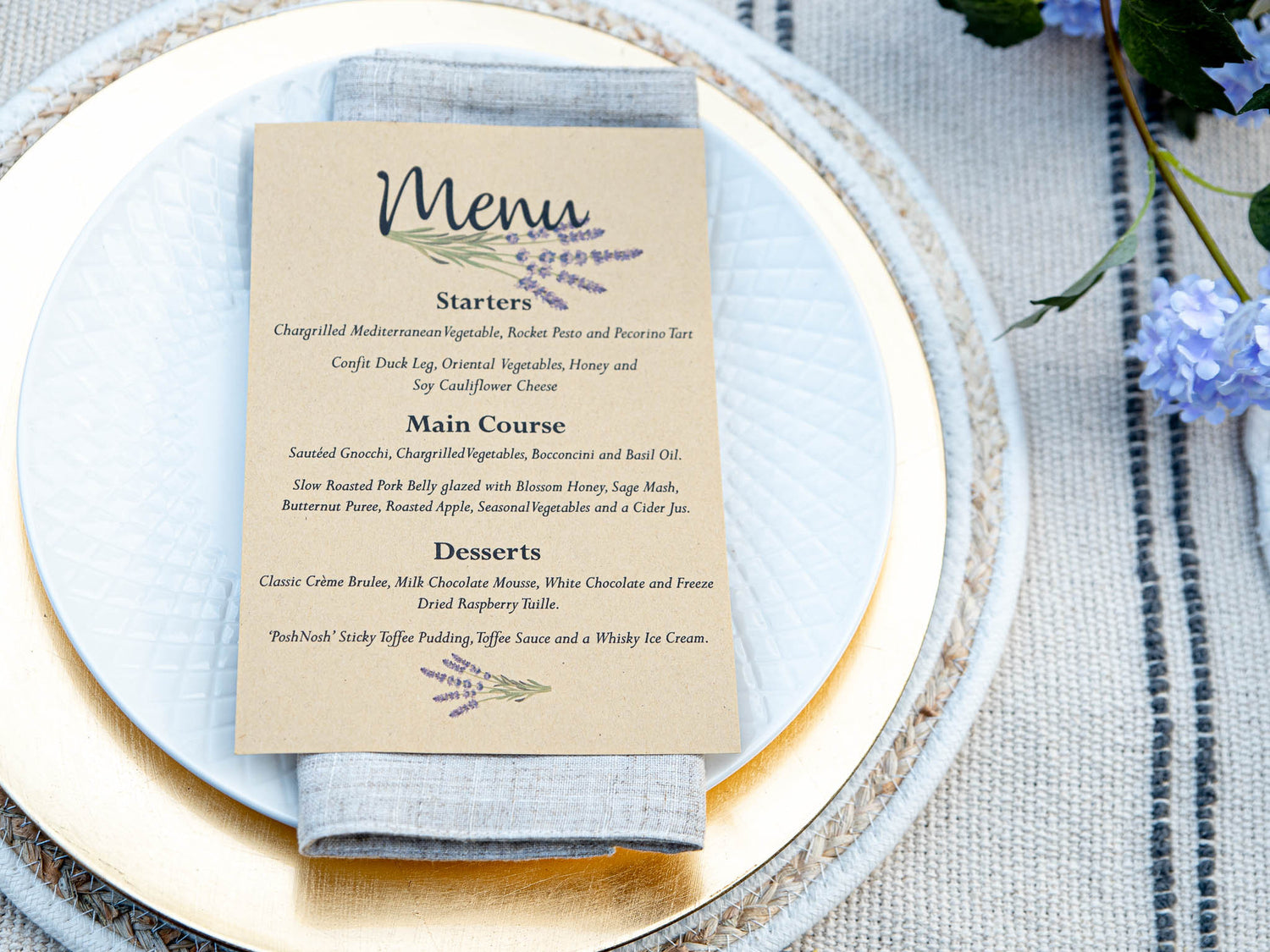 Personalised Paper Wedding Menu | Lavender | Botanical | Dining | Wedding Breakfast | Table Setting | Food | Decoration | Paper Menu